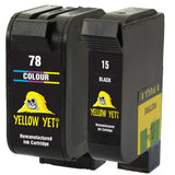 Yellow Yeti Remanufactured 15 78 Ink Cartridges (Black, Colour) for HP Deskjet 3810 3820 815c 916c 920c 940c 948c Officejet 5105 5110 V30 V40 V45 PSC 2120 700 720 750 760 900 950 Copier 310 Fax 1230