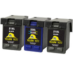 Yellow Yeti Remanufactured 21XL 22XL Ink Cartridges (2 Black, 1 Colour) for HP Deskjet F2120 F2180 F2280 F335 F375 F380 F390 F4180 F4190 3940 D1460 D1530 D2360 D2460 Officejet 4315 4355 PSC 1410 1415