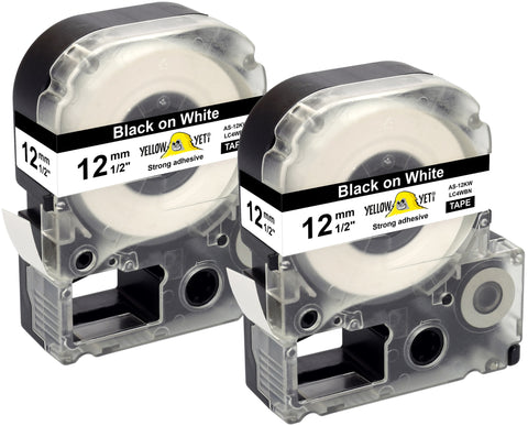 Yellow Yeti 2 Label Tapes LC-4WBN LC-4WBN9 Black on White 12mm x 8m compatible with Epson LabelWorks LW-300 LW-300L LW-400 LW-500 LW-600P LW-700 LW-900P LW-1000P & KingJim Tepra Pro Label Makers
